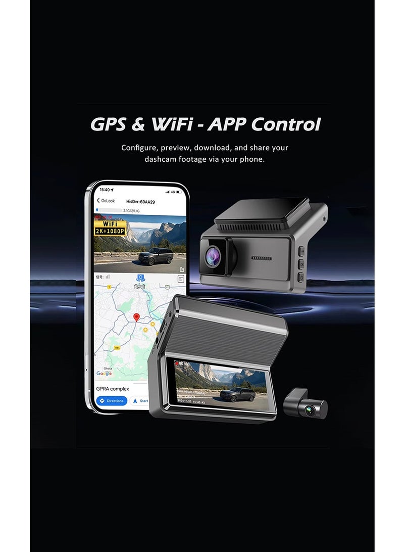 مستر سمارت كاميرا DV-106 المزدوجة للسيارة بشاشة 3.16 بوصة، كاميرا أمامية وخلفية بدقة 2K+1080P، نظام تحديد المواقع العالمي (GPS) وواي فاي مدمجان، تسجيل متواصل، رؤية ليلية عالية الدقة - Image 4